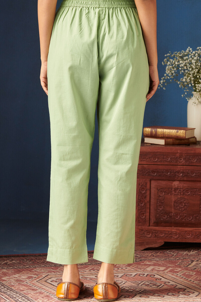 Green Handcrafted Cotton Narrow Pants