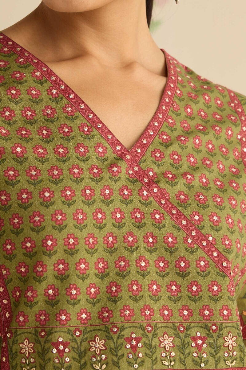 Green Printed Straight Cotton Kurta