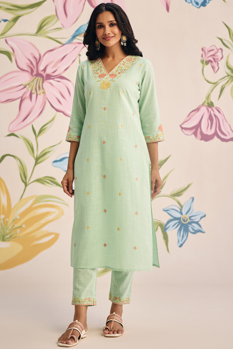 Green Handcrafted Straight Gauze Slub Kurta