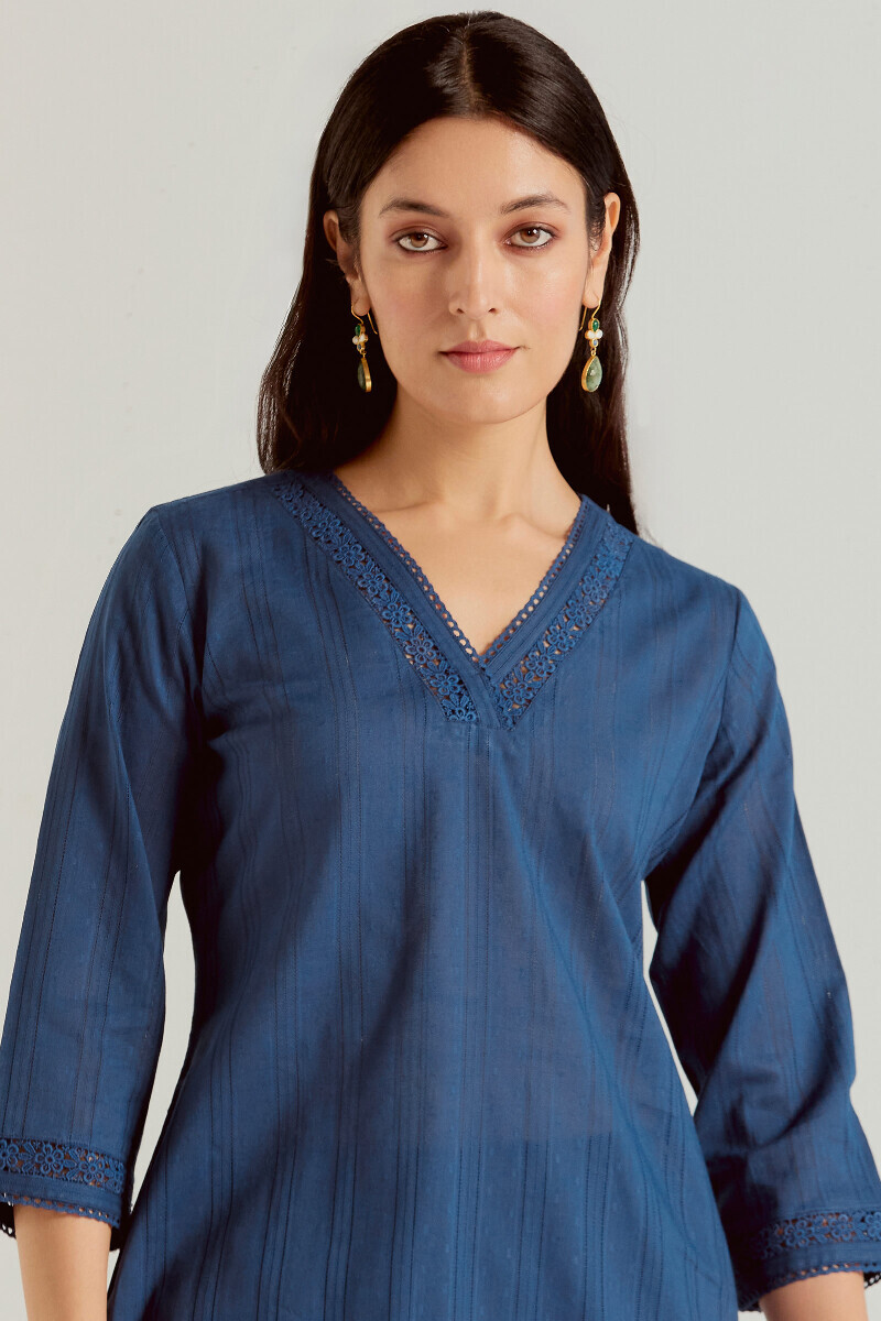 Blue Handcrafted Straight Cotton Dobby Kurta