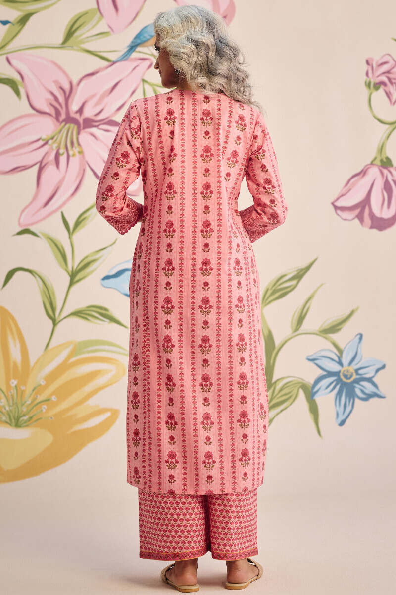 Pink Hand Printed Straight Cotton Kurta