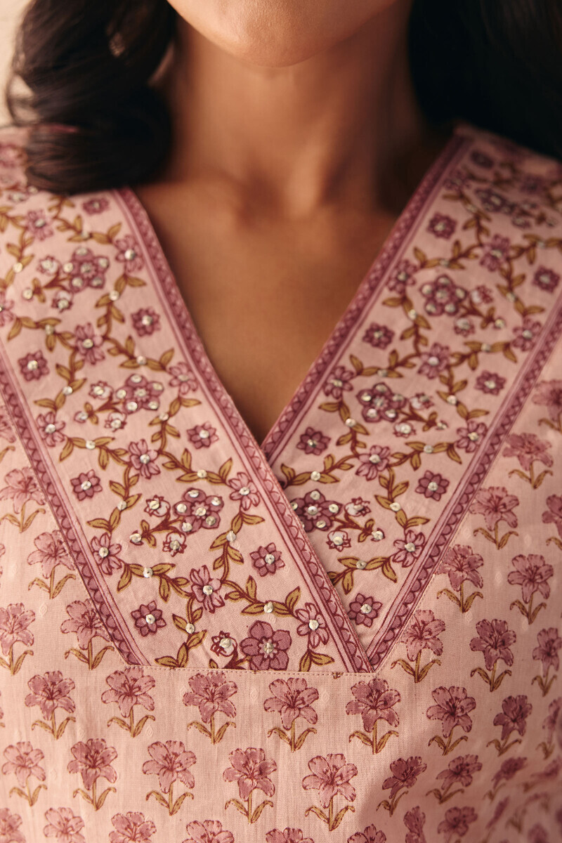 Pink Hand Printed Straight Cotton Dobby Kurta