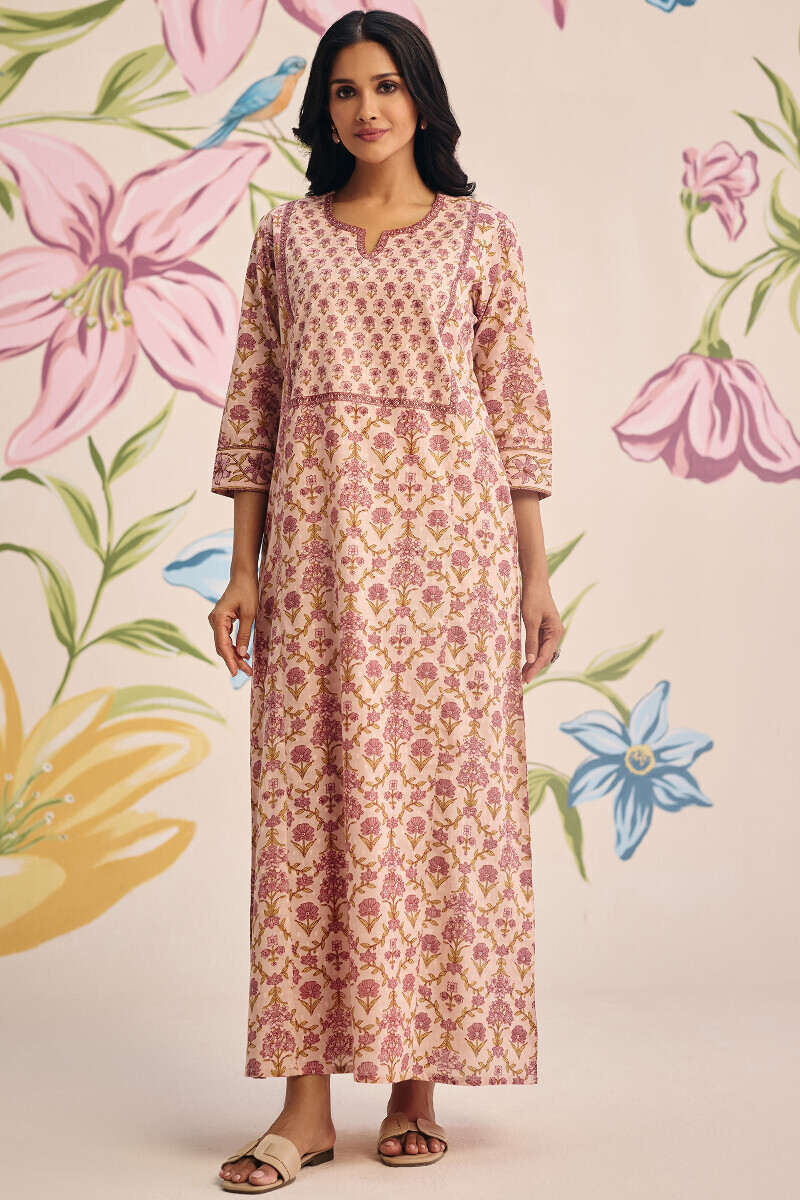 Pink Hand Printed Cotton Dobby Kaftan