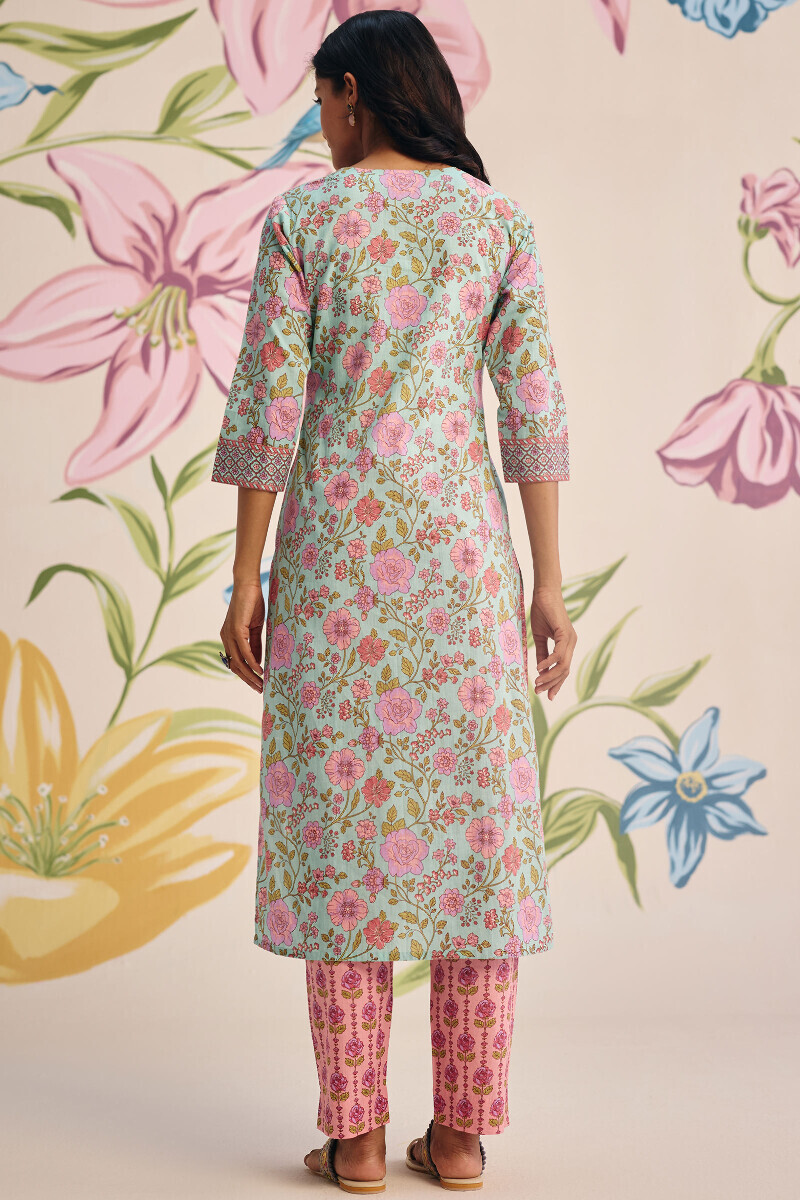 Blue Hand Printed Straight Cotton Kurta