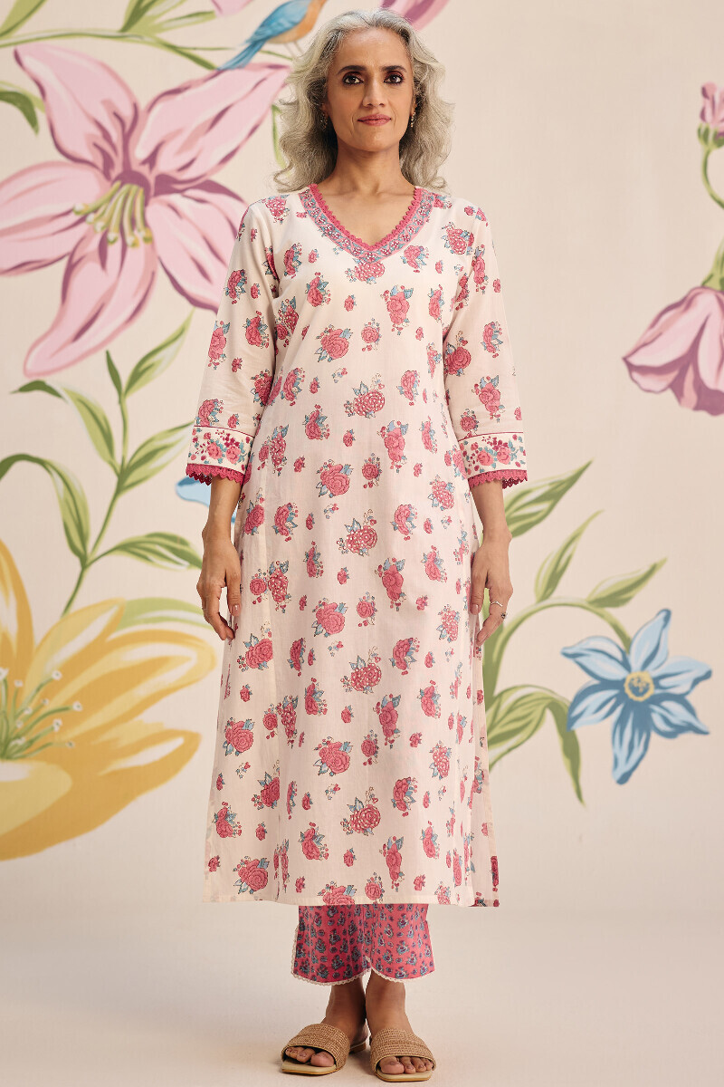 White Hand Block Printed Straight Cotton Kurta