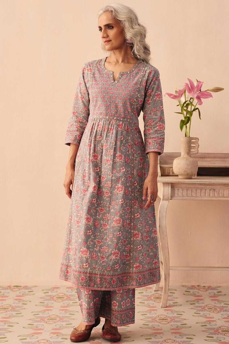 Grey Hand Printed A-Line Cotton Slub Kurta