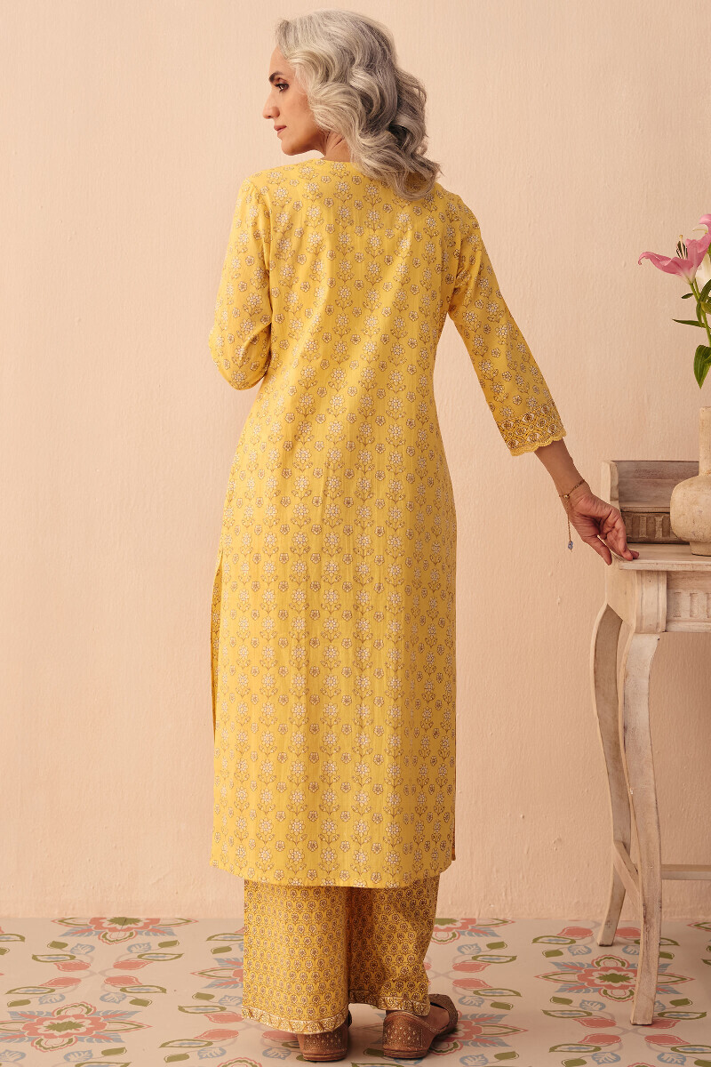 Yellow Hand Printed Straight Cotton Kurta