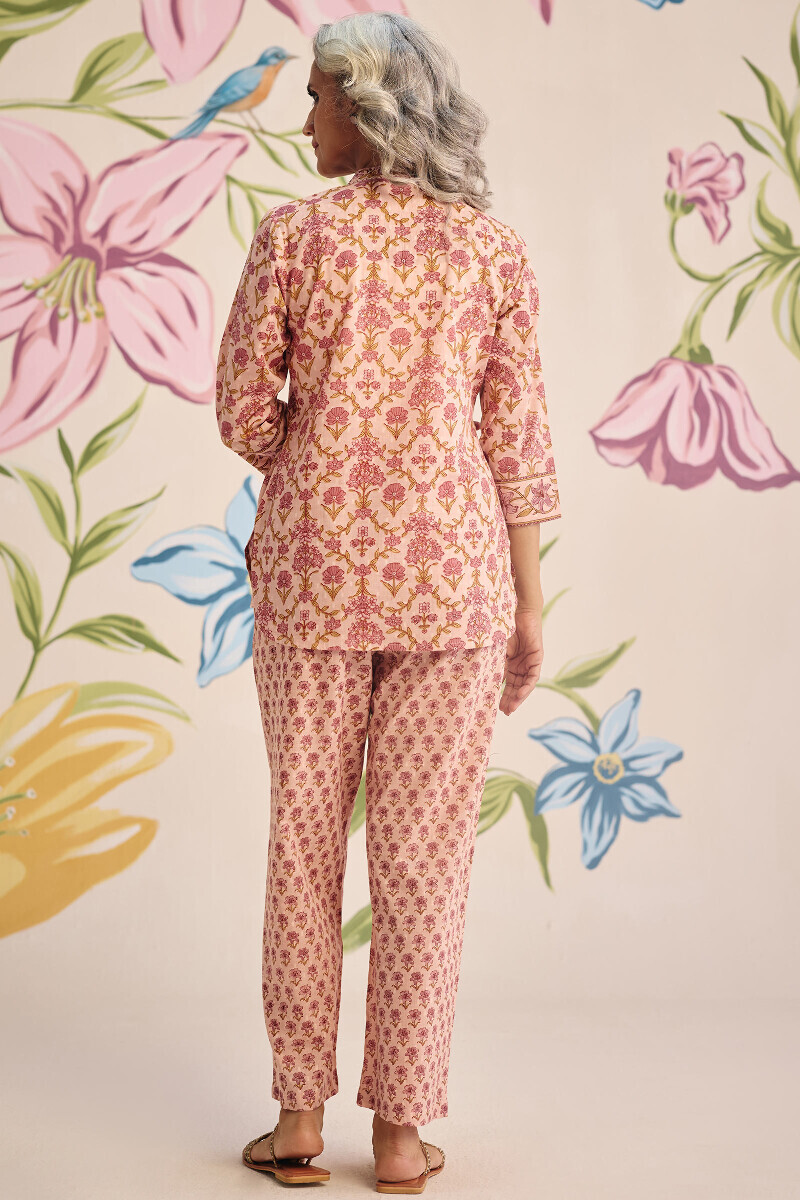 Pink Hand Printed Cotton Dobby Loungewear Set
