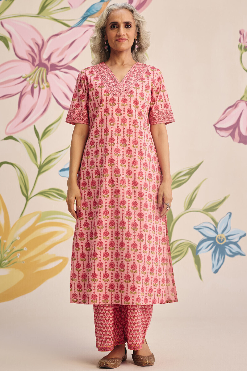 Pink Hand Printed Straight Cotton Kurta