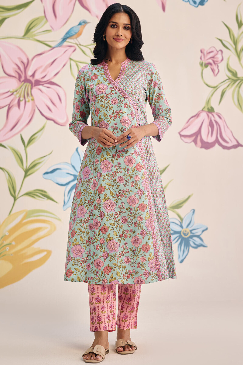 Blue Hand Printed Angrakha Cotton Kurta