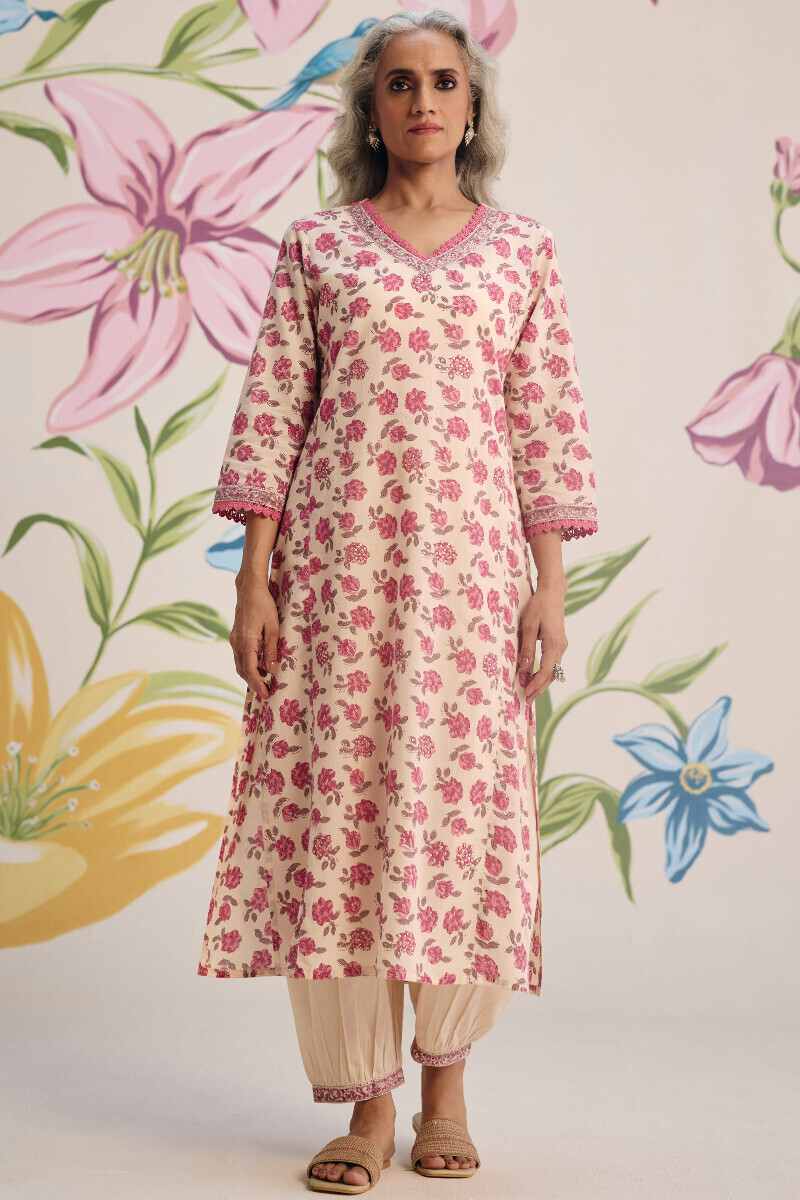 Off-White Hand Block Printed Cotton Kurta