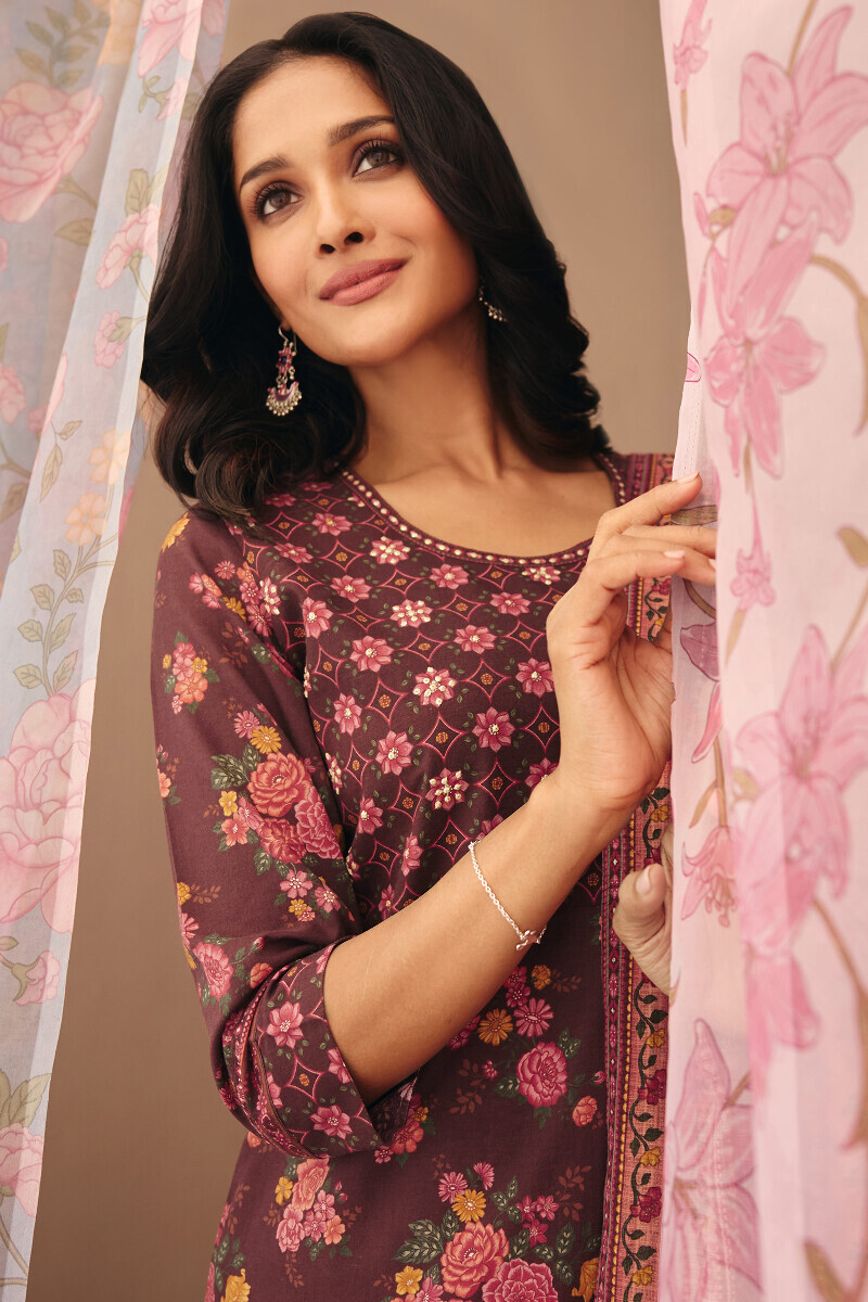 Brown Printed Straight Cotton Kurta