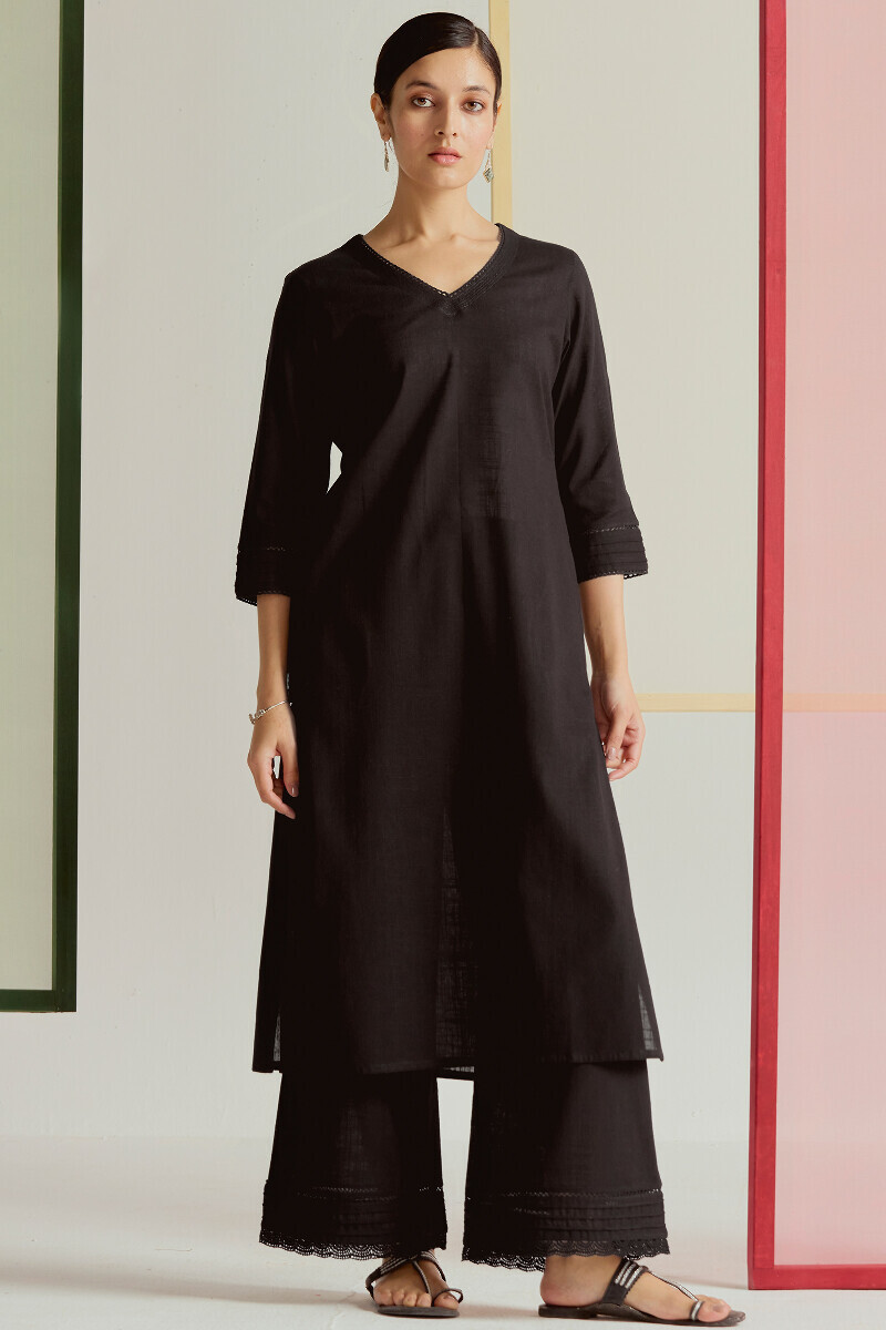 Black Handcrafted Straight Gauze Slub Kurta