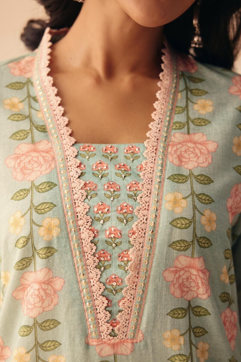 Blue Printed Straight Cotton Kurta