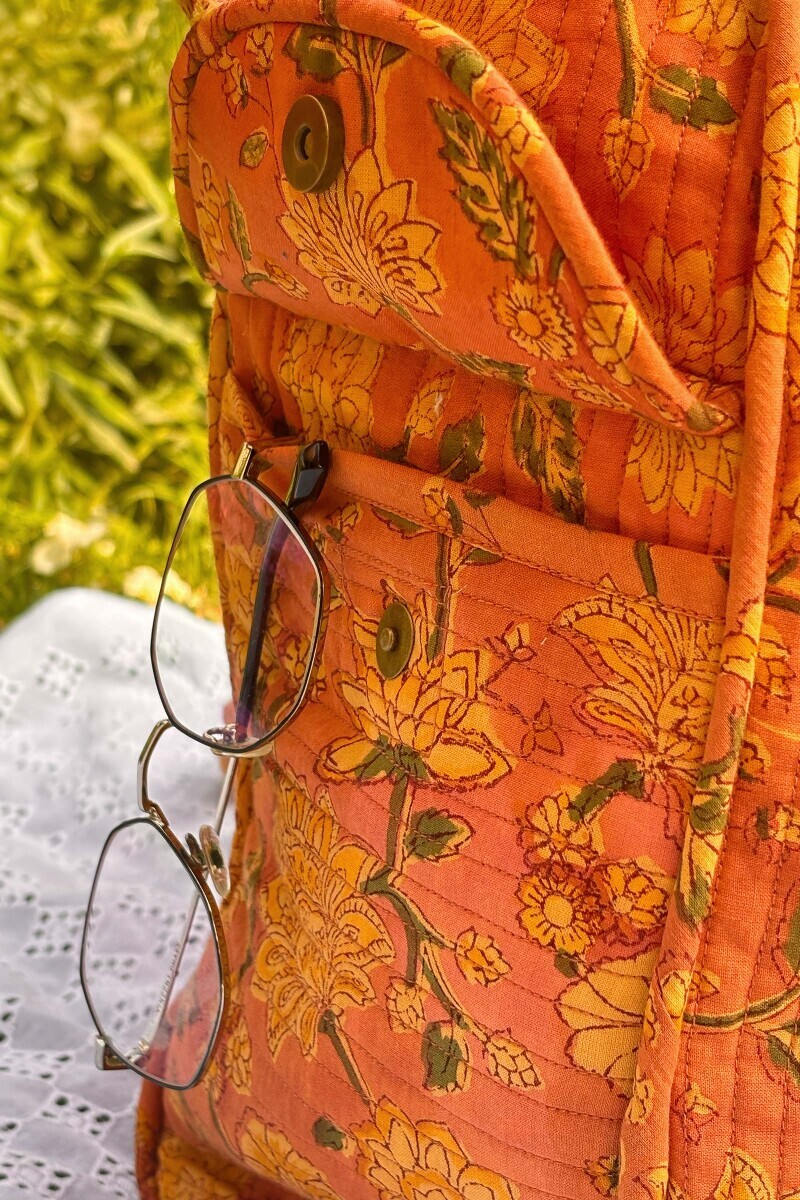Peach Hand Block Printed Cotton Holdall Bag