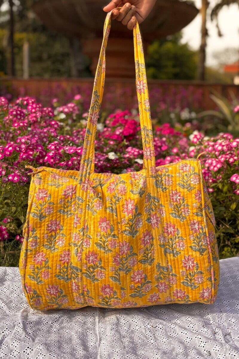 Yellow Hand Block Printed Cotton Holdall Bag