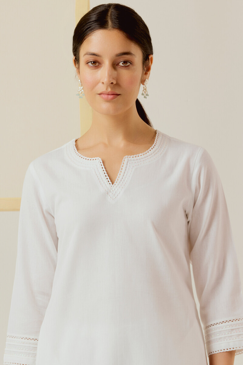 White Handcrafted Straight Cotton Flax Kurta