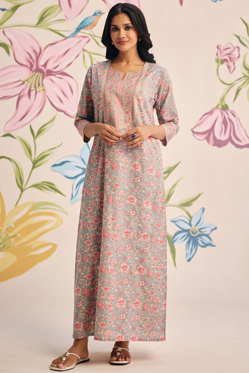 Grey Hand Printed Cotton Slub Kaftan