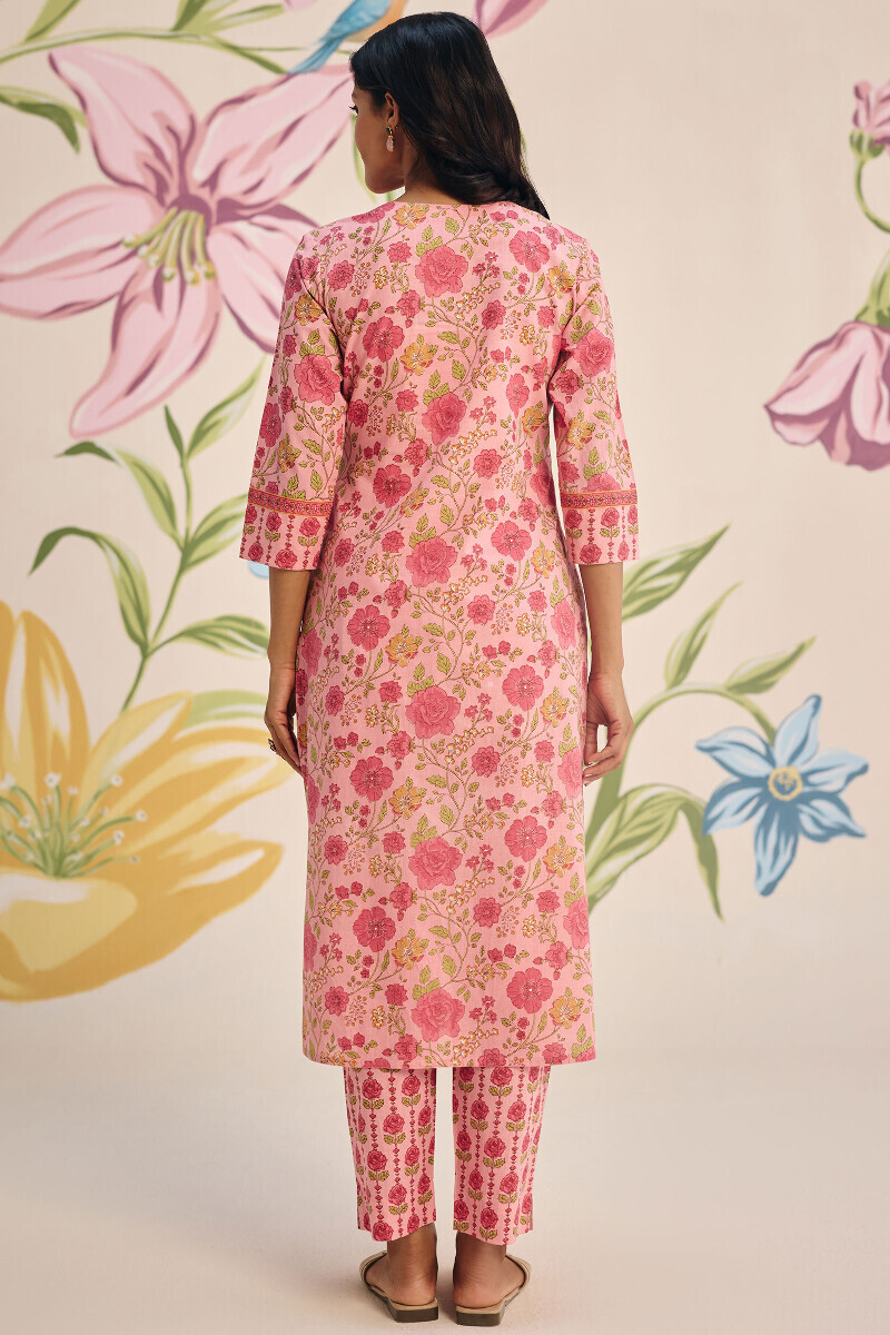 Pink Hand Printed Straight Cotton Kurta