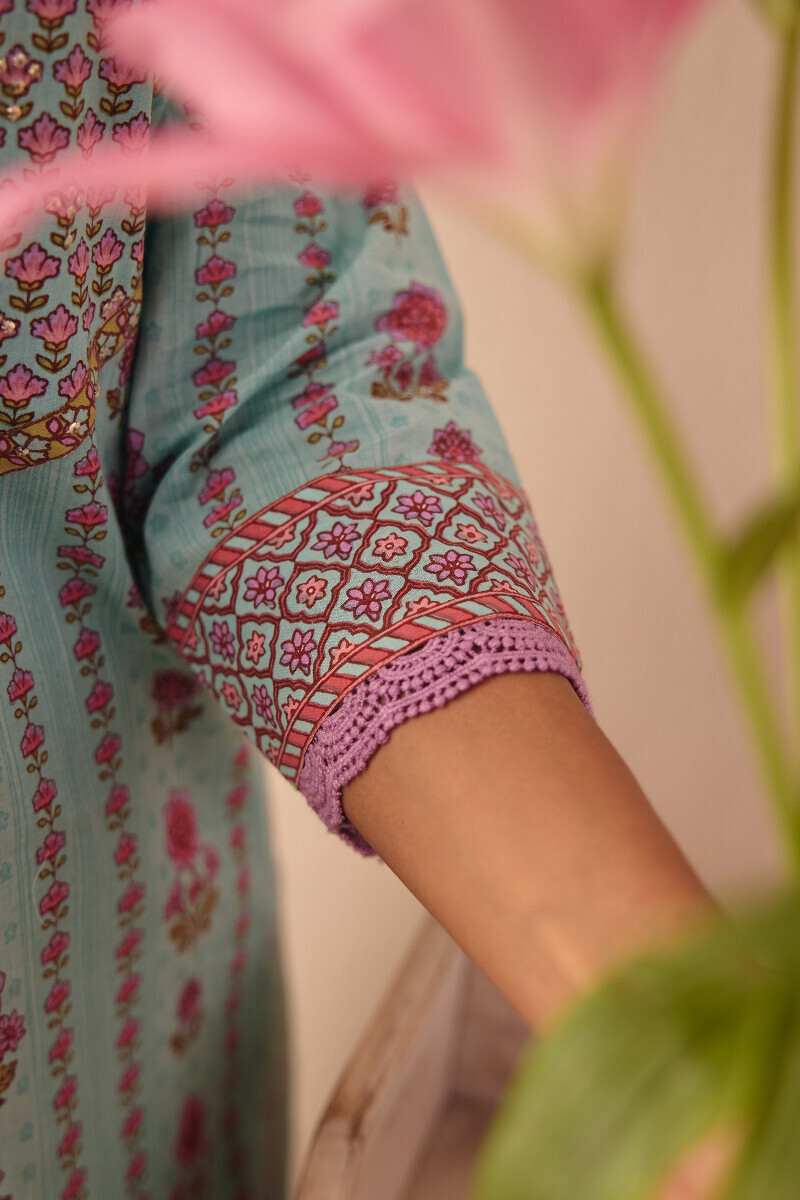Blue Hand Printed Straight Cotton Kurta