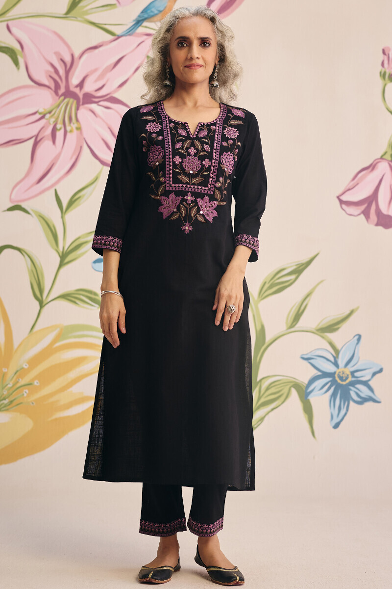 Black Handcrafted Straight Gauze Slub Kurta