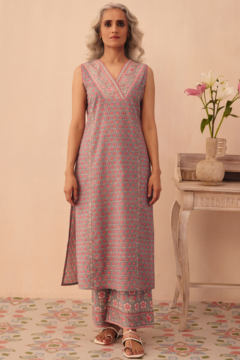 Grey Hand Printed Straight Cotton Slub Kurta