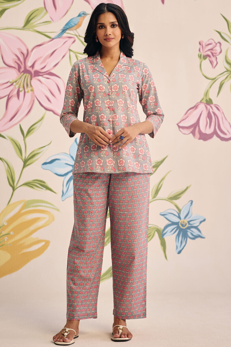 Grey Hand Printed Cotton Slub Loungewear Set
