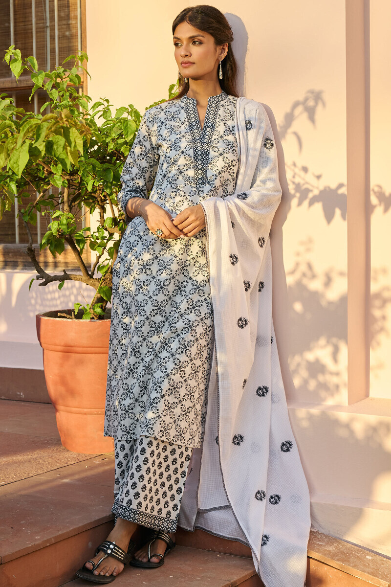 White Hand Printed Straight Cotton Dobby Kurta