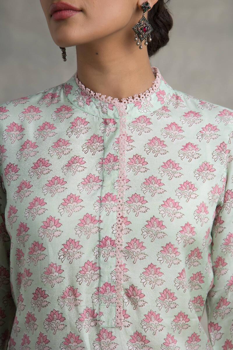 Green Block Printed Straight Muslin Kurta