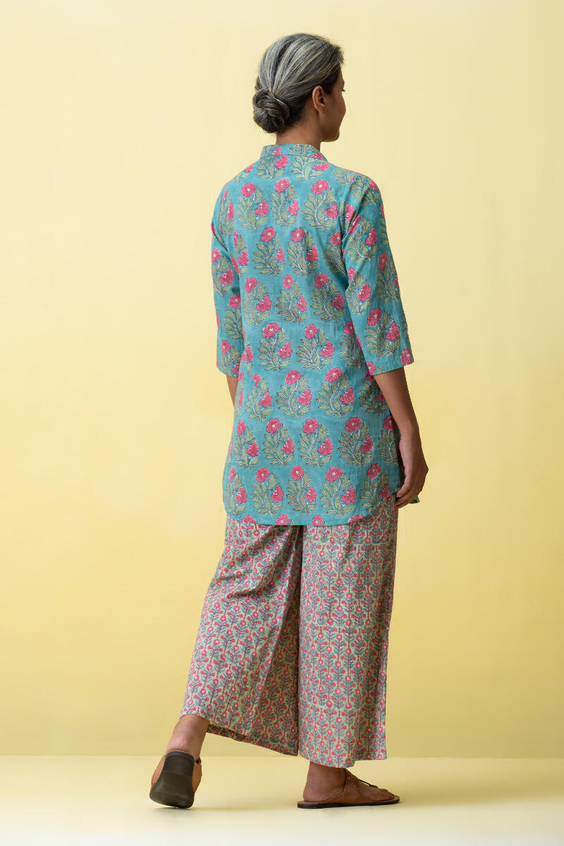 Blue Block Printed Cotton Pyjama Set