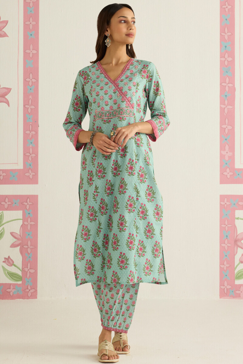 Blue Printed Straight Cotton Kurta
