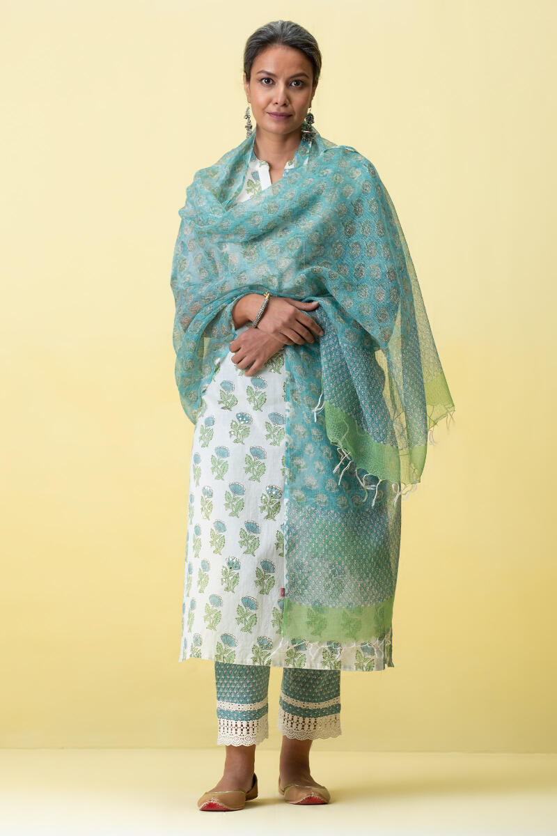 Blue Block Printed Kota Dupatta