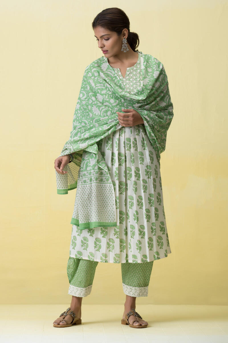 Green Block Printed A-Line Cotton Kurta