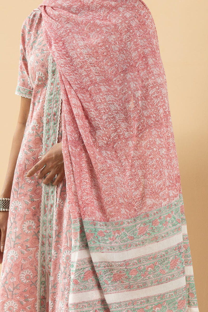 Pink Block Printed Cotton Dupatta