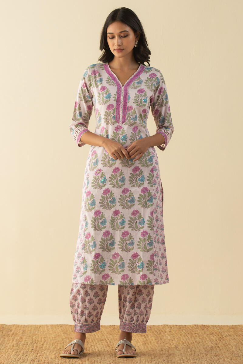 Buy Purple Block Printed Straight Cotton Kurta for Women FGMK21 18 Farida Gupta