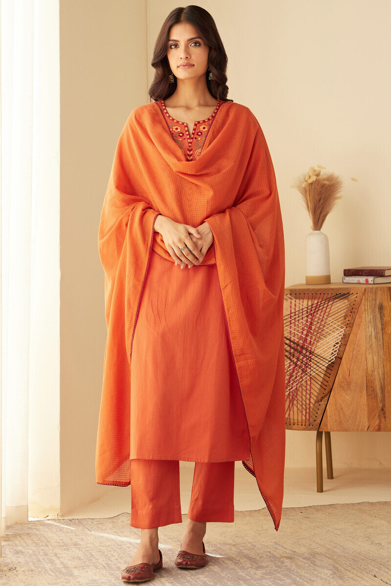 Orange Handcrafted Straight Cotton Flax Kurta