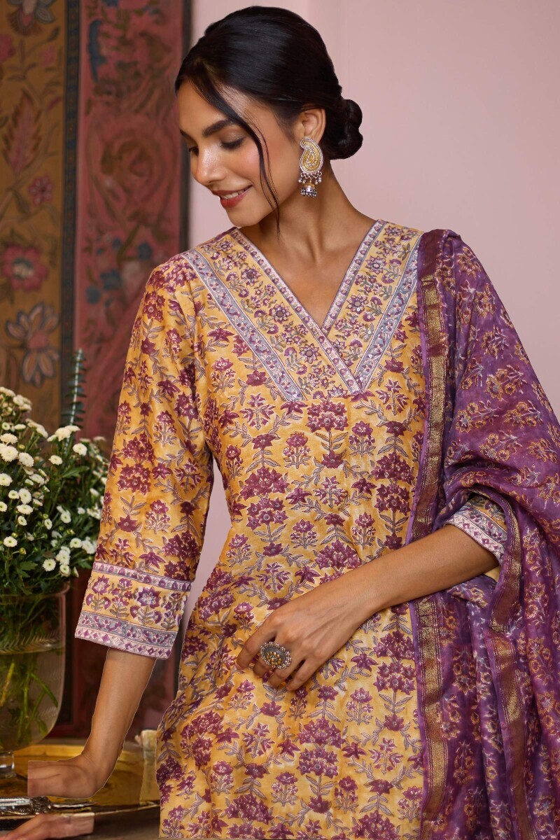 Yellow Hand Block-Printed Straight Chanderi Kurta
