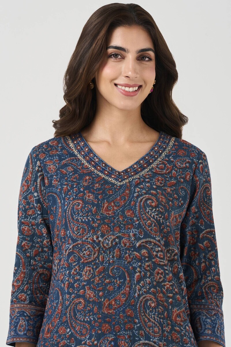 Akola Hand Block-Printed Straight Cotton Dobby Kurta
