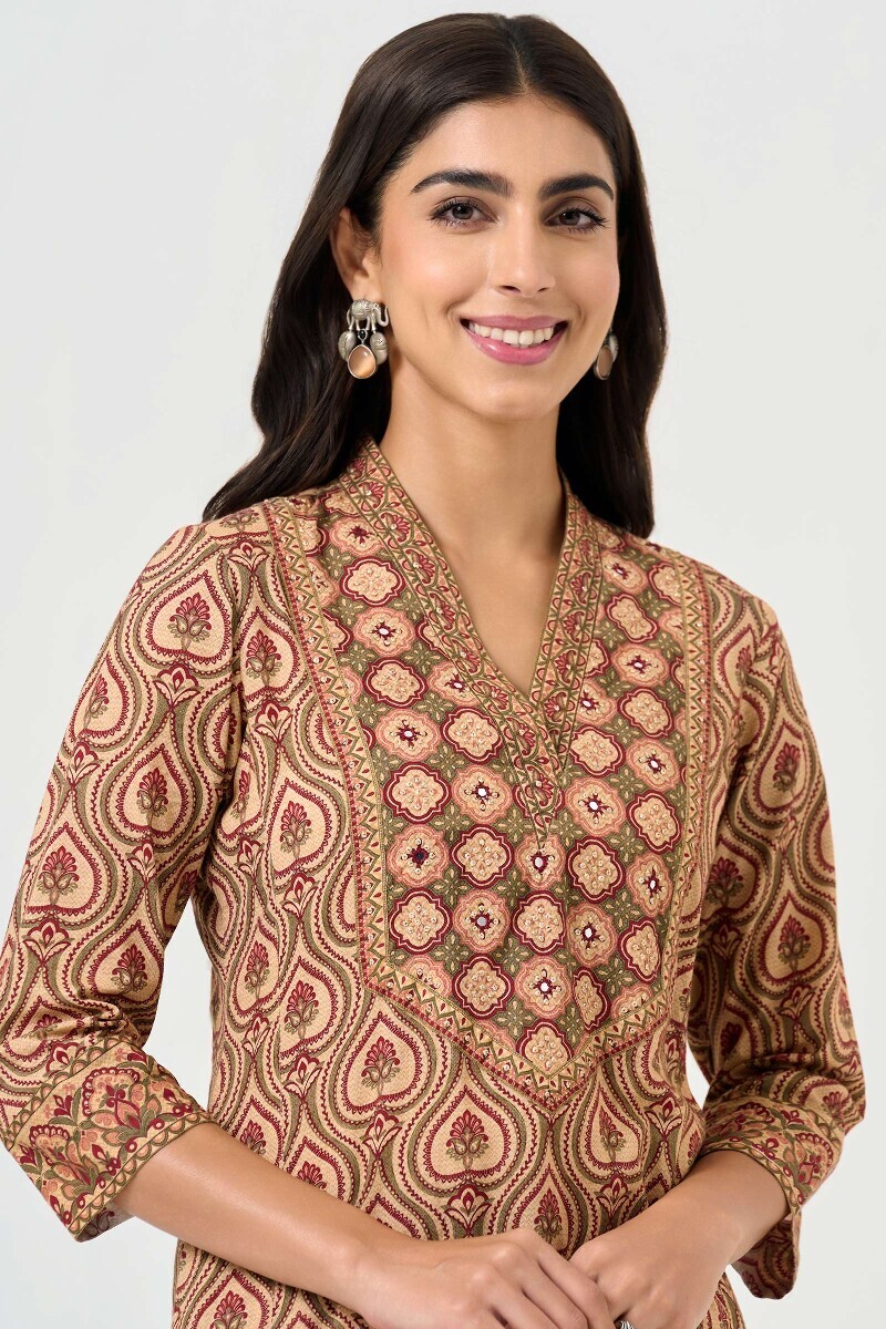 Beige Printed Straight Cotton Kurta