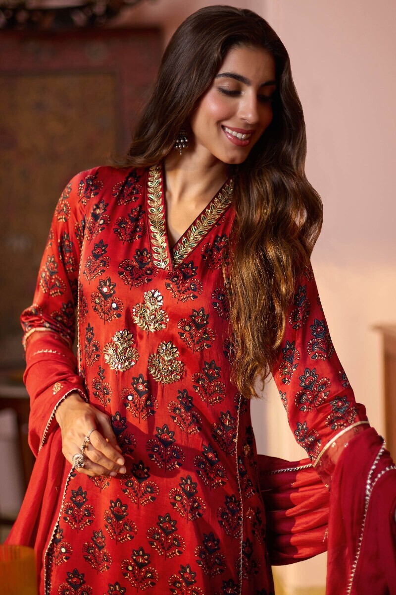 Ajrakh Hand Block-Printed Straight Modal Kurta