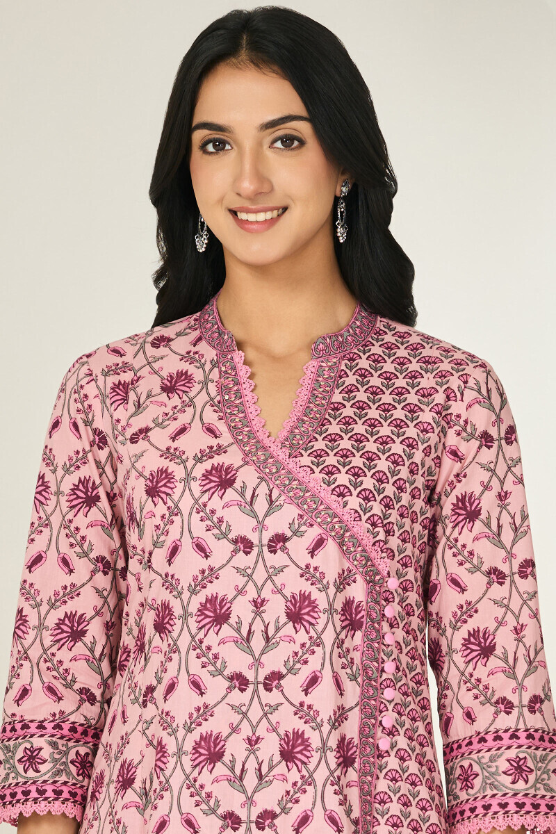 Pink Hand Printed Angrakha Cotton Kurta