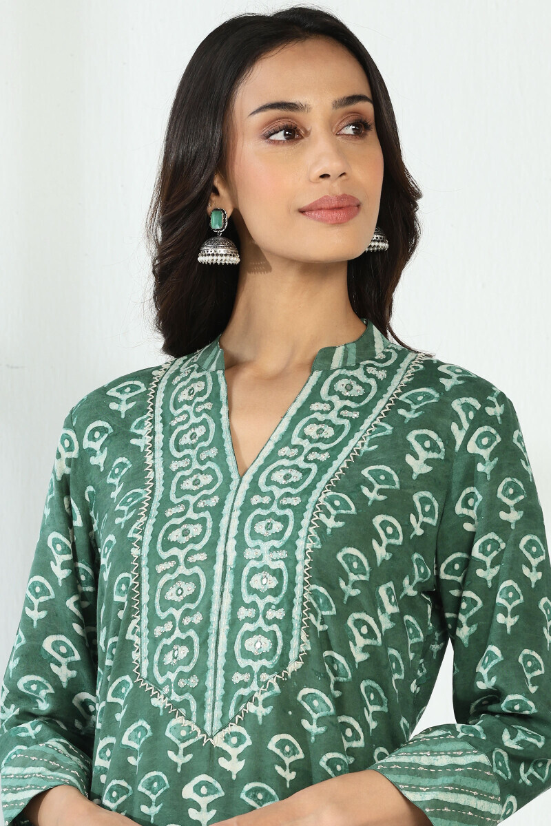 Green Hand Block Printed Straight Modal Kurta