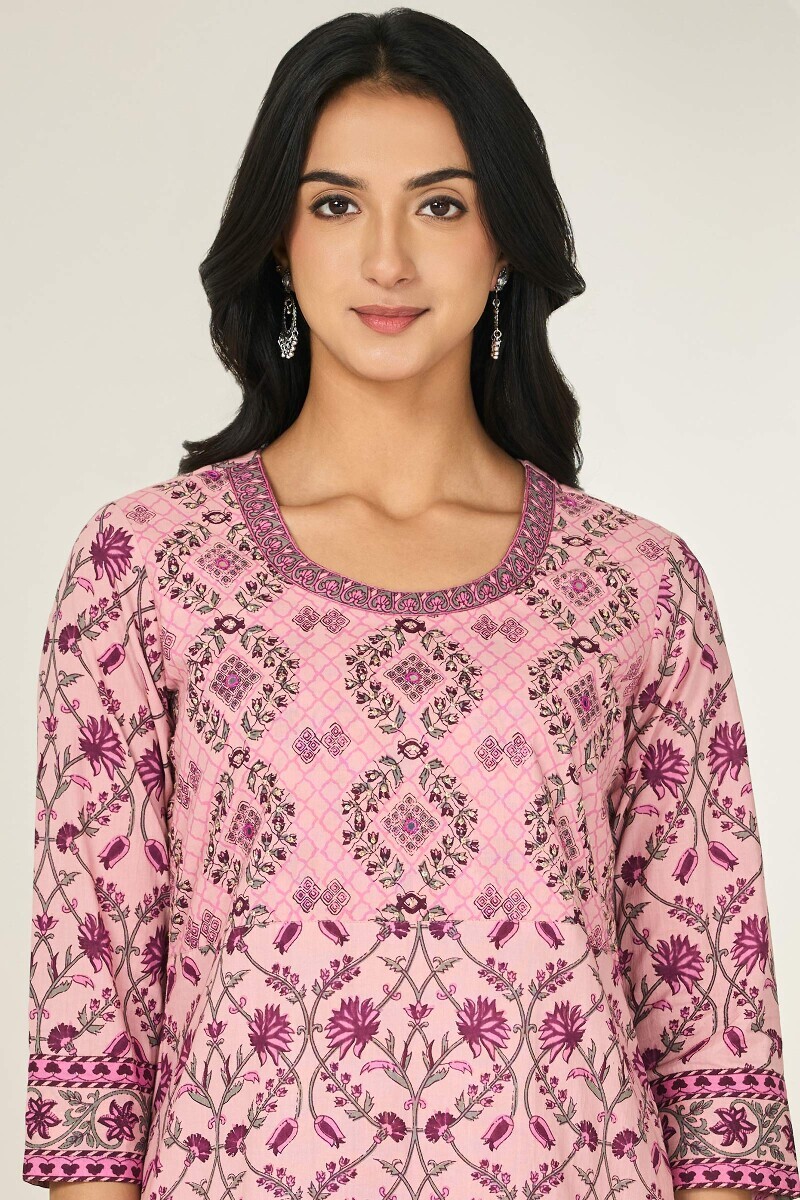 Pink Hand Printed Straight Cotton Kurta