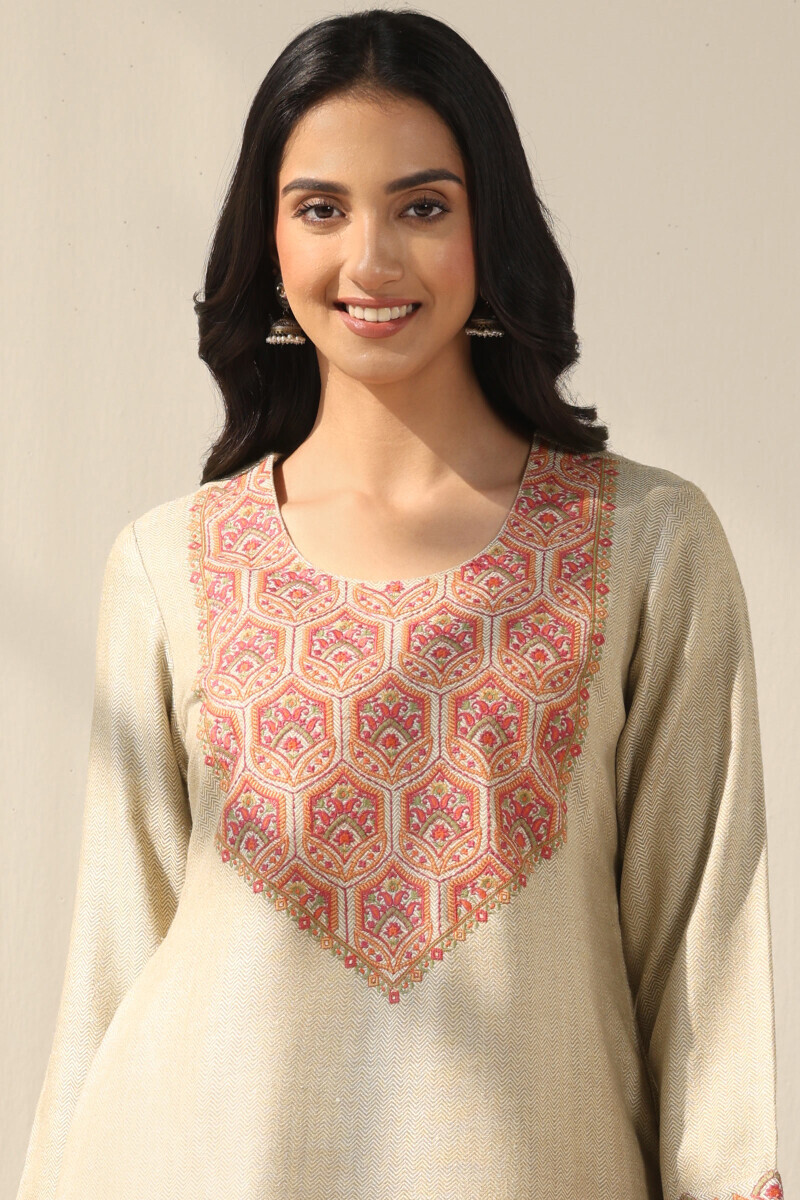 Beige Handcrafted Straight Faux Wool Kurta