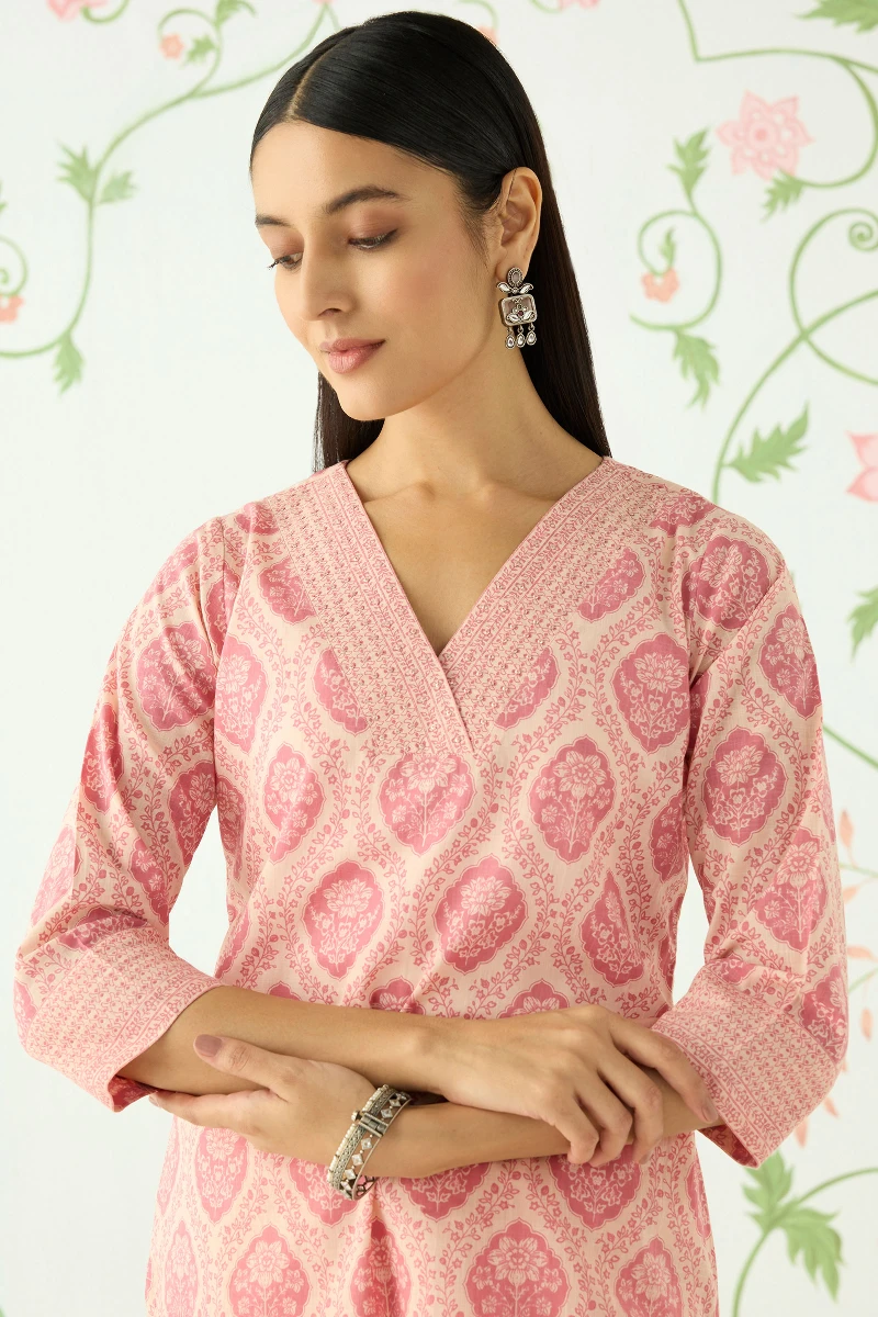 Pink Hand Printed Straight Cotton Slub Kurta