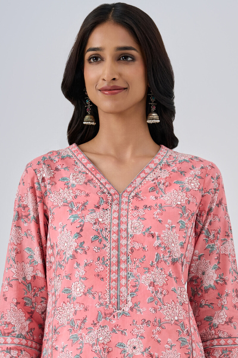 Pink Hand Block Printed Straight Cotton Kurta