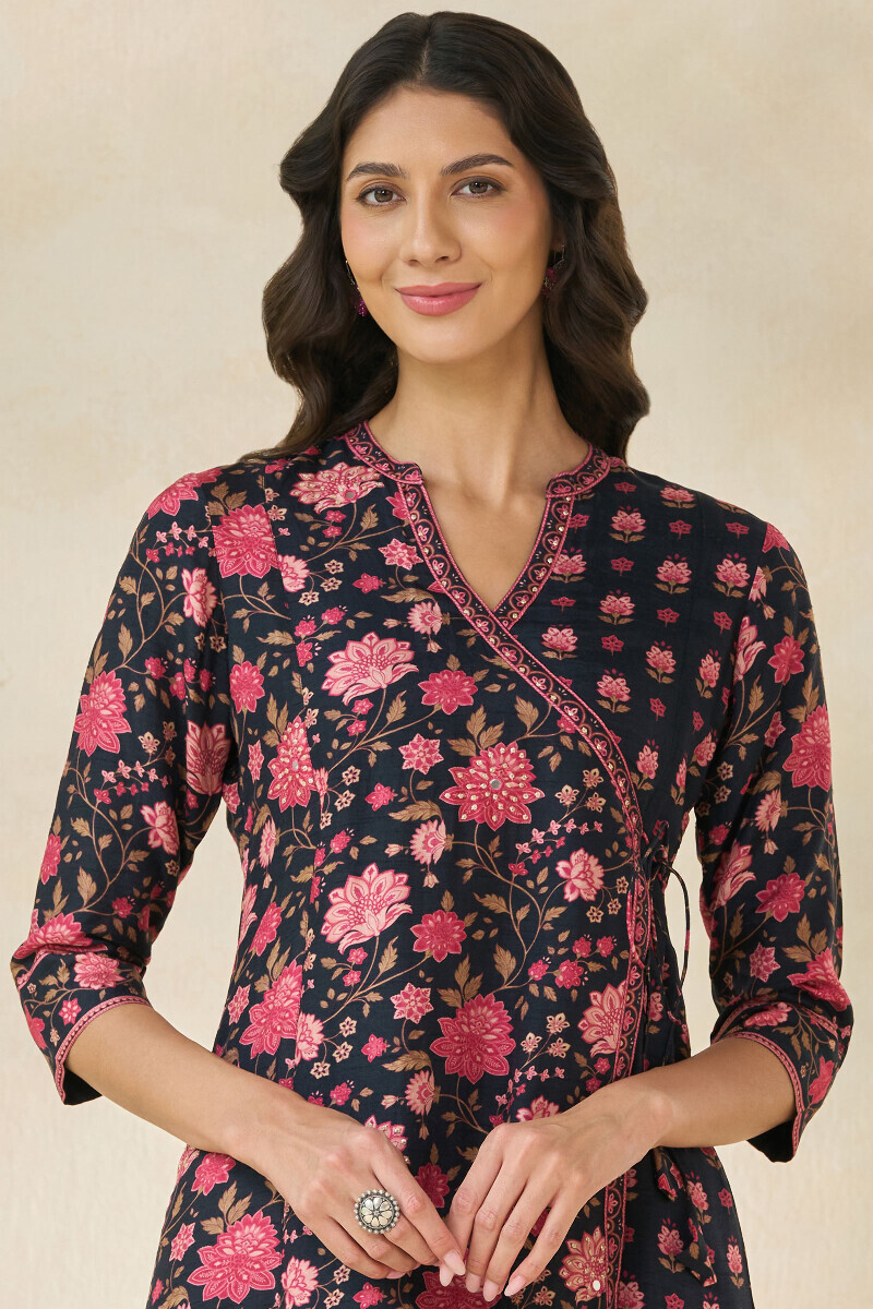 Black Printed Angrakha Dola Silk Kurta