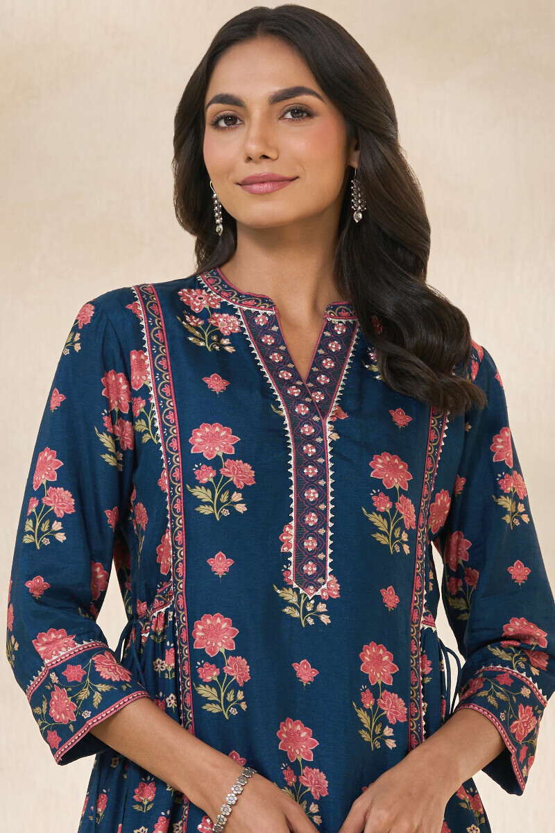 Blue Printed A-Line Dola Silk Kurta
