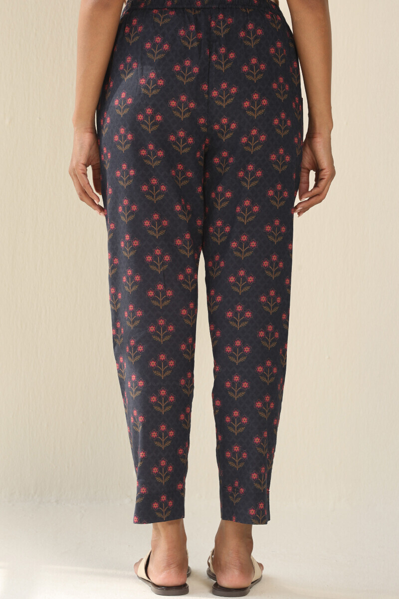 Navy Blue Printed Cotton Narrow Pants