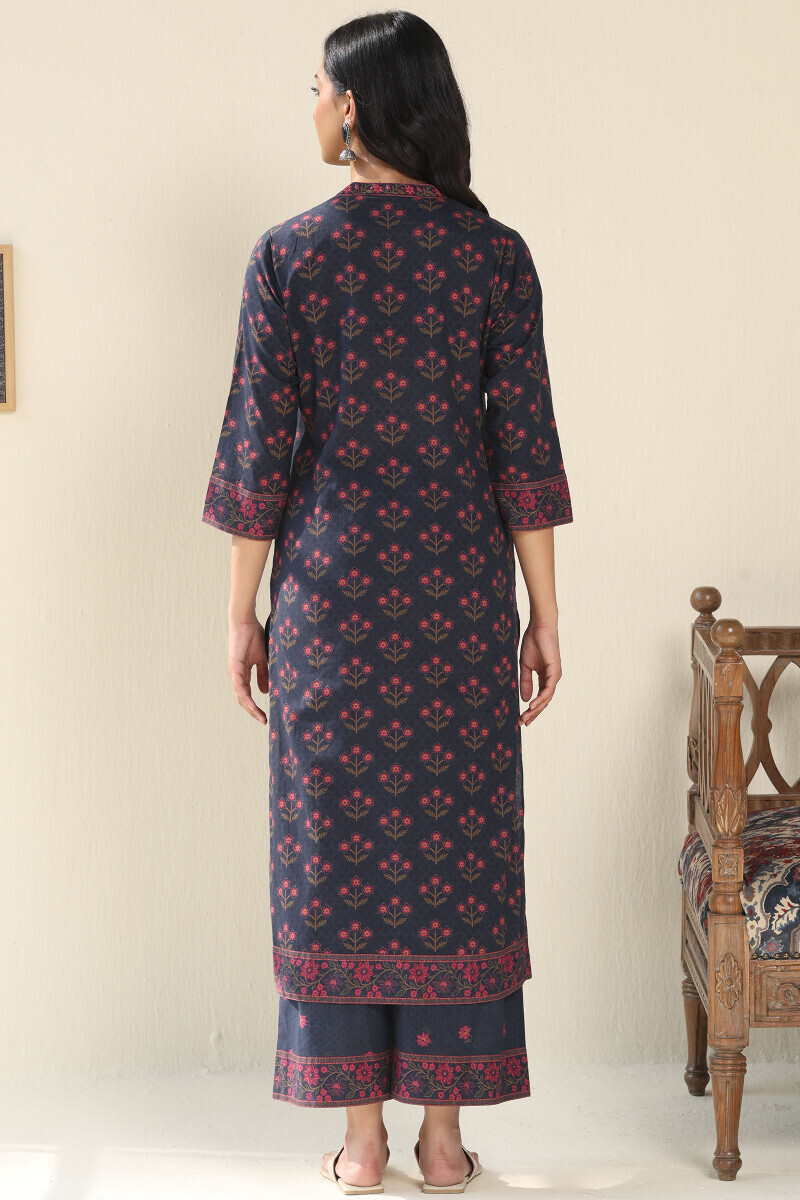 Navy Blue Printed Straight Cotton Kurta